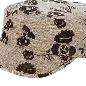 Women's Brown Floral Accent Military Style Cap.
One Size Adjustable Stap